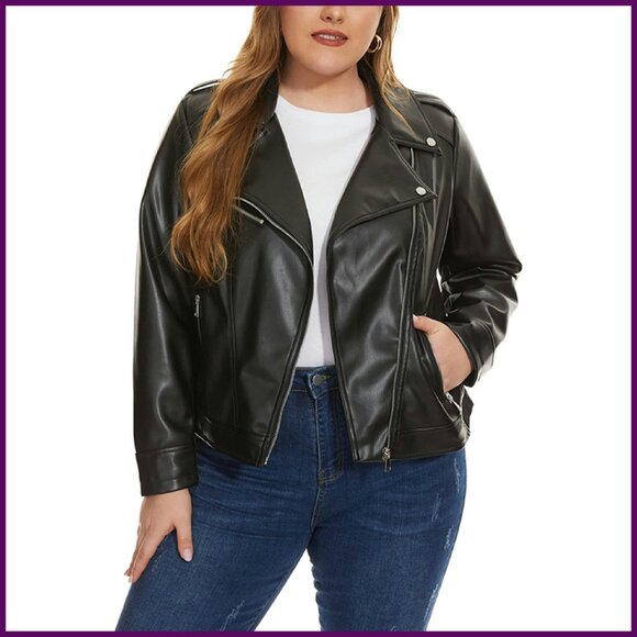 Plus Size Faux Leather Moto Jacket Zip Up Fitted Biker Coat